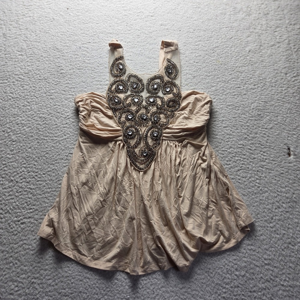 Boston Proper Tank Top Womens M Beige Scoop Neck Sleeveless Beaded Rhinestone